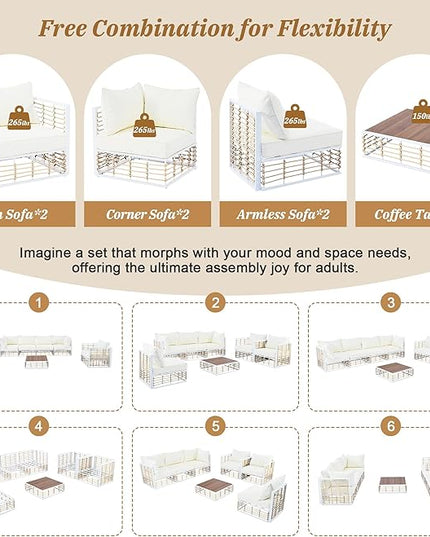 7-Piece Rattan Woven Outdoor Patio Furniture Set, All-Weather Sectional Sofa with Removable Cushions&Coffee Table, Minimalist Style Garden Couch Seating, Onesize, White Frame+Ivory Cushion - LeafyLoom