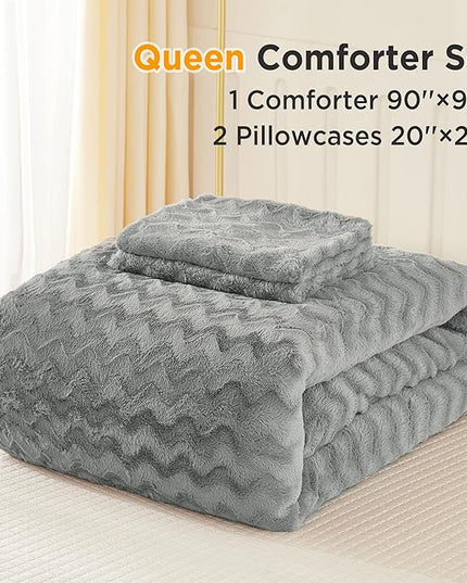 Andency Grey Fleece Comforter Set Queen Size, 3 Pieces Fuzzy Fluffy Faux Fur Bedding Comforter Set for Queen Bed, Warm Plush Shaggy Sherpa Bed Set for Women Man - LeafyLoom