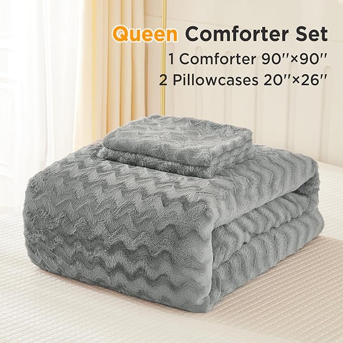 Andency Grey Fleece Comforter Set Queen Size, 3 Pieces Fuzzy Fluffy Faux Fur Bedding Comforter Set for Queen Bed, Warm Plush Shaggy Sherpa Bed Set for Women Man - LeafyLoom