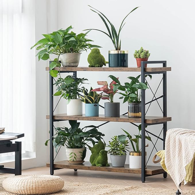HCHQHS Bookshelf, 3-Tier Industrial Bookcase, Rustic Open Book Shelf, Wood and Metal Horizontal Bookshelves - LeafyLoom