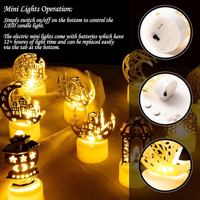 Ramadan Mini Lantern Lights Decorations 12Pcs Eid Mubarak Plastic LED Night Light with Lamp Battery Moon Castle Decorative Hanging Lantern for Mubarak Home Party Tabletop Decorations - LeafyLoom