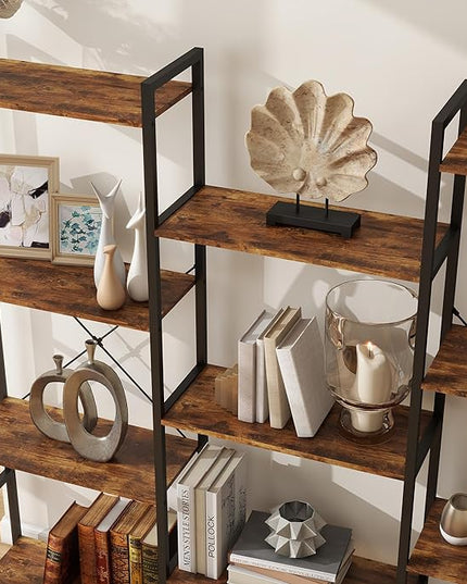 Panana Triple 4 tier bookshelf, Industrial Bookcase with 11 Open Display Shelves Wide Book Shelf Book Case with Metal Frame for Living Room Home Office (Brown) - LeafyLoom