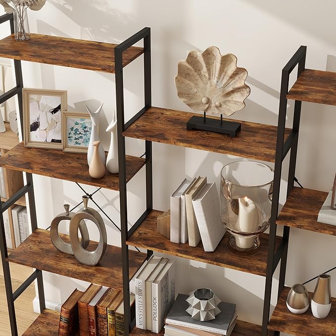 Panana Triple 4 tier bookshelf, Industrial Bookcase with 11 Open Display Shelves Wide Book Shelf Book Case with Metal Frame for Living Room Home Office (Brown) - LeafyLoom