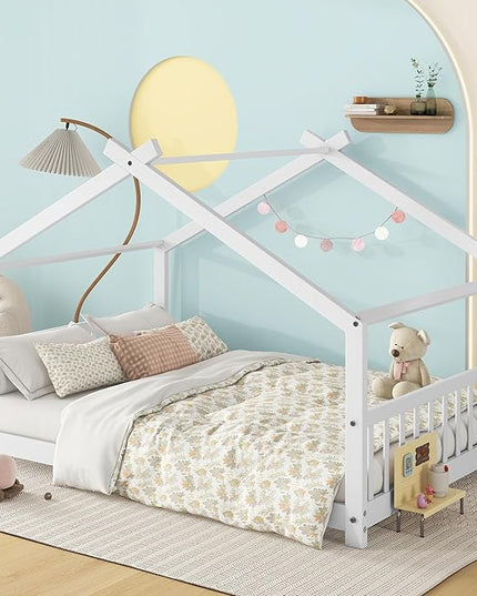 Bellemave Full Montessori Floor Bed Frame, White, Modern Style, No Box Spring Needed, Headboard Included, 275lb Weight Capacity - LeafyLoom