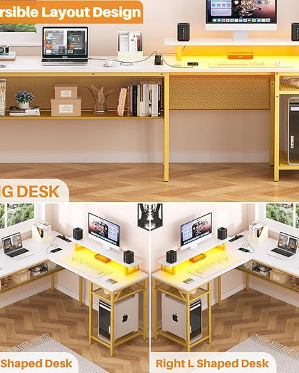 Reversible L Shaped Computer Desk with Power Outlet & Monitor Stand, 55 Inch Office Desk with RGB LED Light, Sturdy Corner Desk with Storage Shelf, Gaming Table, Easy to Assemble, White - LeafyLoom