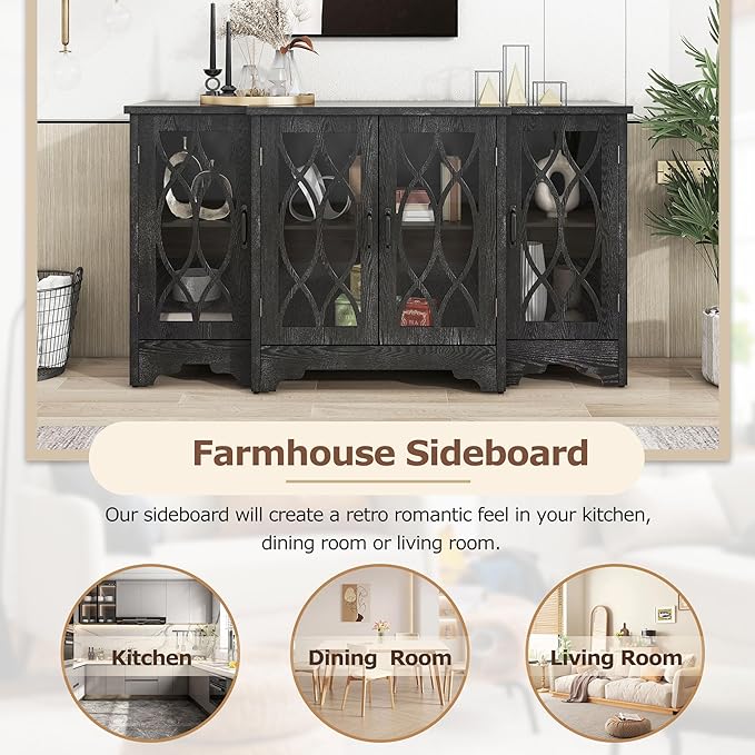 58" Retro Sideboard Glass Door with Curved Line Design,Wood Ample Storage Cabinet,W/Black Handle and Three Adjustable Shelves,for Dining Living Room Entryway - LeafyLoom