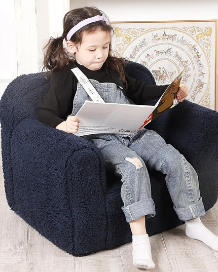 Kids Snuggly-Soft Sherpa Chair, Cuddly Toddler Foam Chair for Boys and Girls, Dark Blue - LeafyLoom