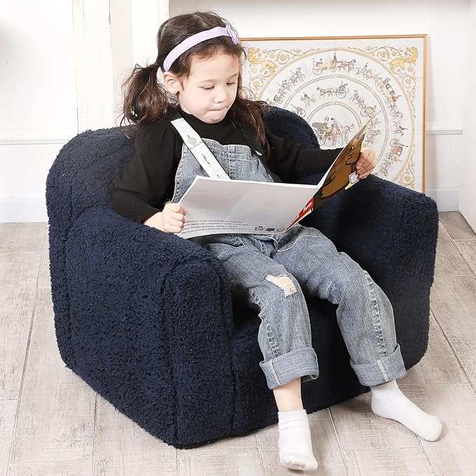 Kids Snuggly-Soft Sherpa Chair, Cuddly Toddler Foam Chair for Boys and Girls, Dark Blue - LeafyLoom