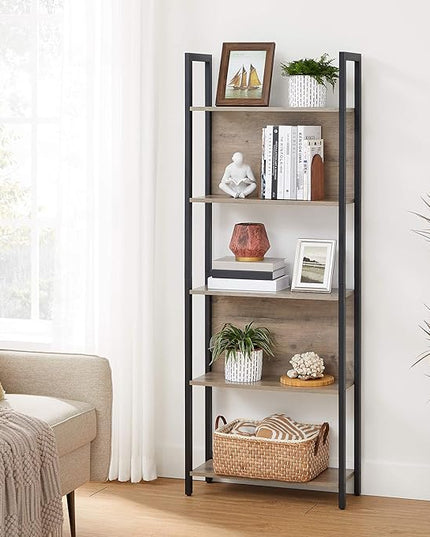 VASAGLE 5-Tier Bookshelf, Book Shelf, Industrial Bookcase, with Steel Frame, for Living Room, Home Office, Bedroom, 9.4 x 24.4 x 65 Inches, Greige and Black ULLS025B02 - LeafyLoom