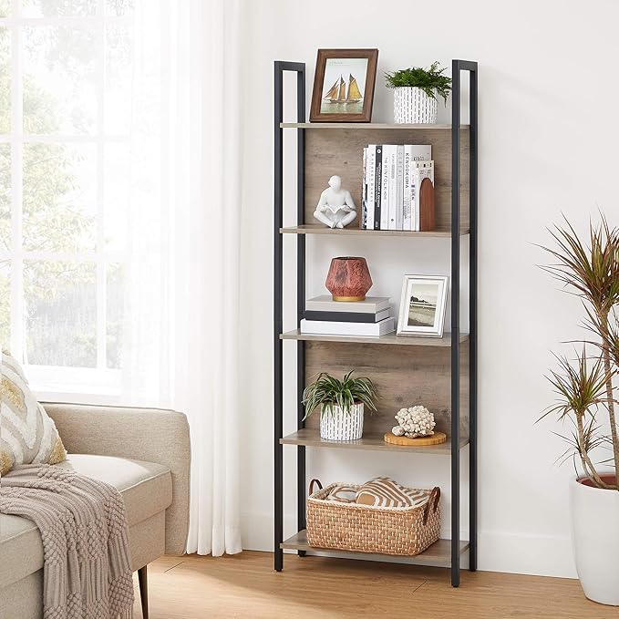 VASAGLE 5-Tier Bookshelf, Book Shelf, Industrial Bookcase, with Steel Frame, for Living Room, Home Office, Bedroom, 9.4 x 24.4 x 65 Inches, Greige and Black ULLS025B02 - LeafyLoom