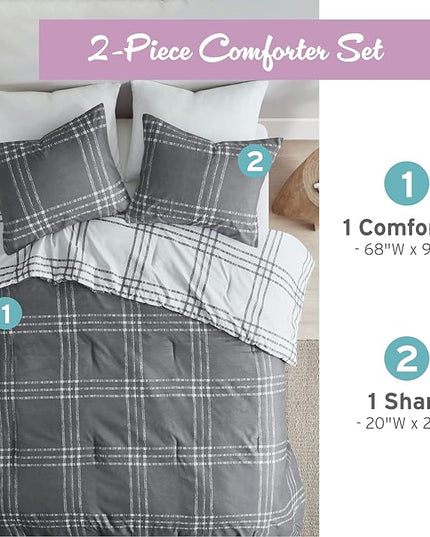 Intelligent Design Pike Reversible Comforter Set, Cottage Plaid Print, Modern Cabin Lifestyle, Down Alternative, All Season Bedding with Matching Sham, Twin/Twin XL White/Grey 2 Piece - LeafyLoom