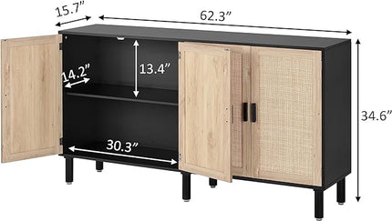 Finnhomy 4 Door Sideboard Buffet Cabinet, Kitchen Storage Cabinet with Rattan Decorated Doors, Cupboard Console Table, Boho Accent Liquor Cabinet, Bar Cabient, 62.3X 15.7X 34.6 Inches, Black - LeafyLoom