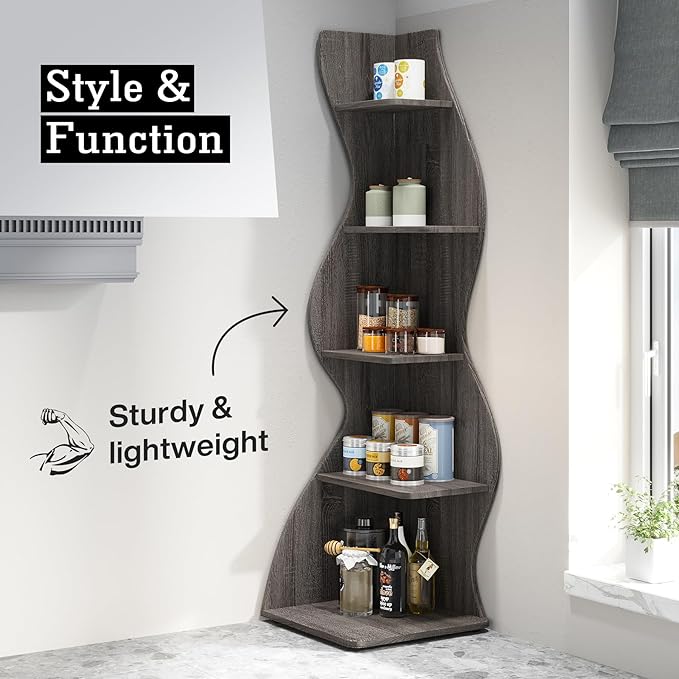 Small Corner Shelf, Modern 5-Tier Wall Corner Bookshelf, Stylish Bookcase Storage Rack for Small Space,Living Room. Bedroom - LeafyLoom