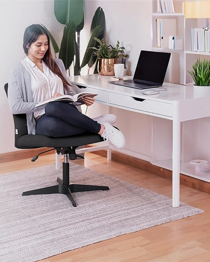 Criss Cross Desk Chair - Wide Armless Office Chair No Wheels, Cross Legged Office Chair, Adjustable Modern 360 Swivel Vanity, Fabric Padded,120° Rocking Ergonomic Mid Back Computer - Black - LeafyLoom