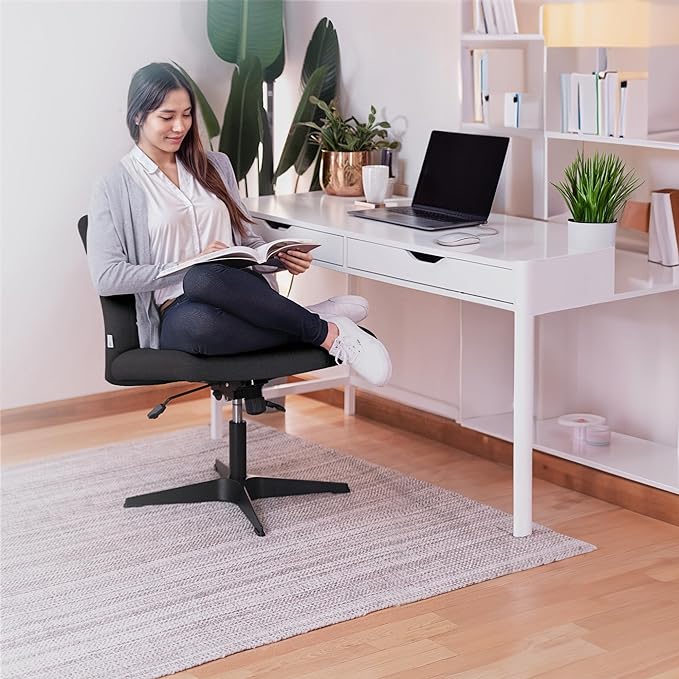 Criss Cross Desk Chair - Wide Armless Office Chair No Wheels, Cross Legged Office Chair, Adjustable Modern 360 Swivel Vanity, Fabric Padded,120° Rocking Ergonomic Mid Back Computer - Black - LeafyLoom