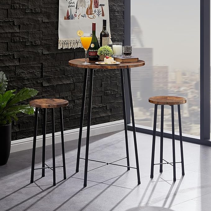 VECELO Small Bar Table and Chairs, Round Bistro Sets with 2 barstools, 3-Piece Pub Dining Furniture, Counter Height Wood Top for Breakfast Dinner Coffee Nap Conference, Easy Assembly, Brown - LeafyLoom