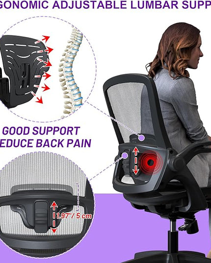 Ergonomic Mesh Seat Home Office Computer Desk Chair Height Adjustable Lumbar Support with Flip Up Arms Swivel Wheels for Adult, black - LeafyLoom