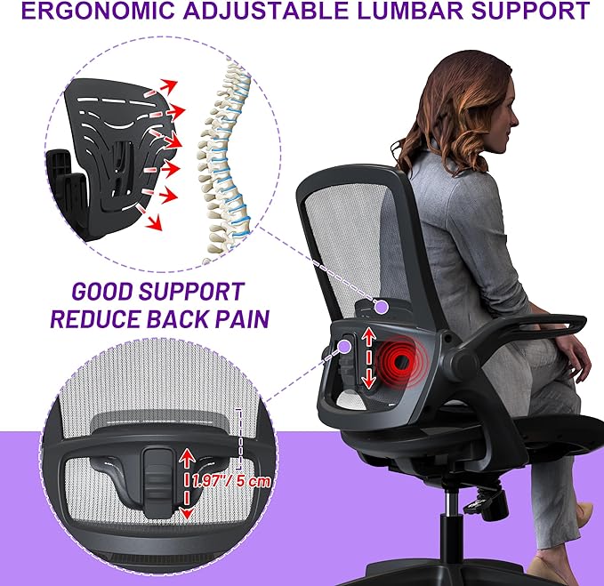 Ergonomic Mesh Seat Home Office Computer Desk Chair Height Adjustable Lumbar Support with Flip Up Arms Swivel Wheels for Adult, black - LeafyLoom