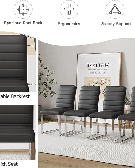 Dining Chairs Set of 2 Modern Faux Leather High Back Dining Room Kitchen Chairs with Silver Metal Legs,Chairs for Dining Room, Kitchen,Living Room, and Restaurants,Black - LeafyLoom