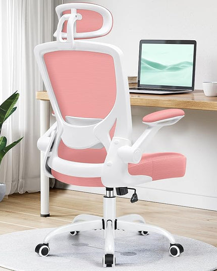 KERDOM Ergonomic Office Chair, Lumbar Support Computer Chair with Headrest and Flip-up Arms, Breathable Mesh Desk Chair, Swivel Task Chair, Adjustable Height Gaming Chair, Pink - LeafyLoom