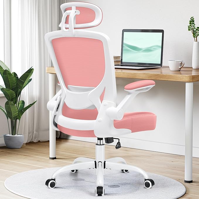 KERDOM Ergonomic Office Chair, Lumbar Support Computer Chair with Headrest and Flip-up Arms, Breathable Mesh Desk Chair, Swivel Task Chair, Adjustable Height Gaming Chair, Pink - LeafyLoom