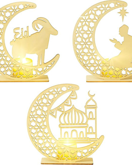 3Pcs Eid al Adha Night Light Decoration Wooden Table Decor, Moon Castle Sheep Wooden Centerpiece with Plastic LED Night Light for Eid al Adha Party Home Indoor Outdoor Bedroom Tabletop Decor - LeafyLoom