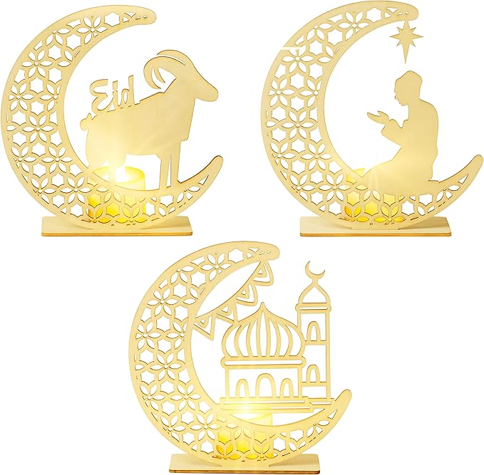 3Pcs Eid al Adha Night Light Decoration Wooden Table Decor, Moon Castle Sheep Wooden Centerpiece with Plastic LED Night Light for Eid al Adha Party Home Indoor Outdoor Bedroom Tabletop Decor - LeafyLoom