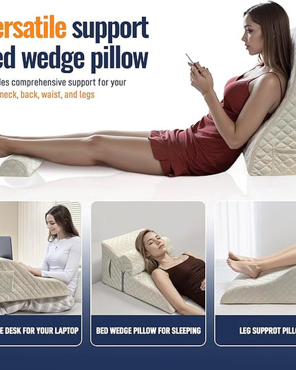 Bed Wedge Pillow, Reading Pillow Adult, Wedge pillow for Sleeping, Back Pillow for Sitting in Bed with Adjustable Roller, Foam Wedge Pillow for Neck, Lumbar, Back, Light Brown, Velvet - LeafyLoom