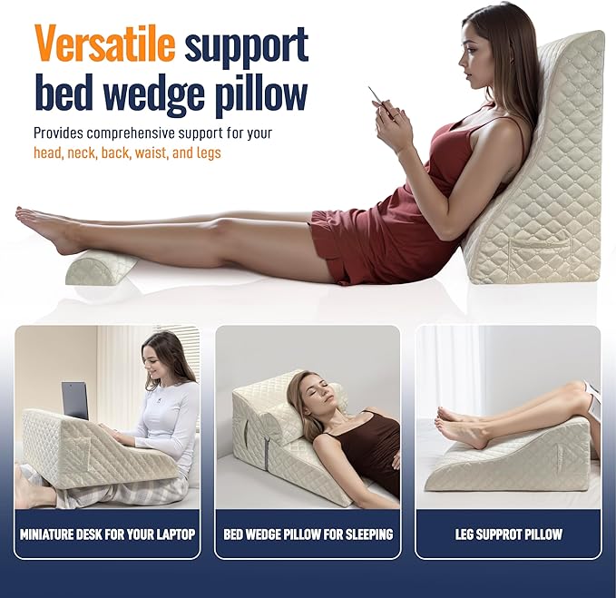 Bed Wedge Pillow, Reading Pillow Adult, Wedge pillow for Sleeping, Back Pillow for Sitting in Bed with Adjustable Roller, Foam Wedge Pillow for Neck, Lumbar, Back, Light Brown, Velvet - LeafyLoom