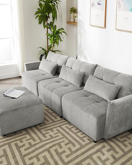113.3" L-Shaped Sectional 3-Seat Sofa, Convertiblet Chenille Upholstered Couch with Movable Ottoman and two USB Ports for Apartment, Living Room, Bedroom, 113.3 Inch, Gray - LeafyLoom