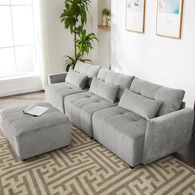 113.3" L-Shaped Sectional 3-Seat Sofa, Convertiblet Chenille Upholstered Couch with Movable Ottoman and two USB Ports for Apartment, Living Room, Bedroom, 113.3 Inch, Gray - LeafyLoom
