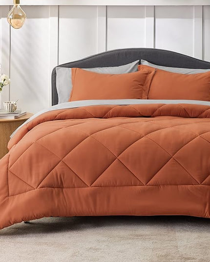 Bedsure Burnt Orange Queen Comforter Set - 7 Pieces Reversible Queen Bed in a Bag Queen Bed Set with Comforters, Sheets, Pillowcases & Shams, Queen Bedding Sets - LeafyLoom