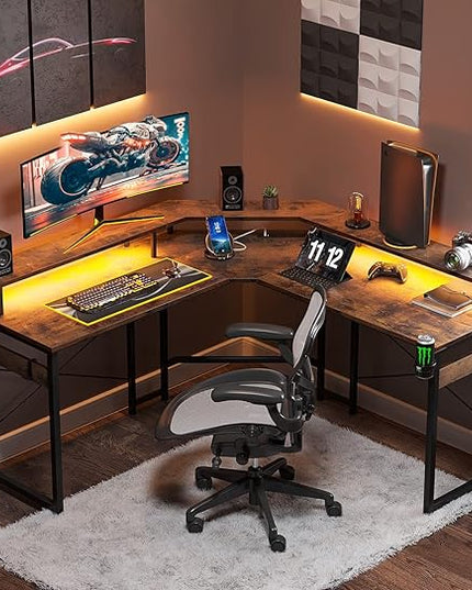 ODK L Shaped Gaming Desk with LED Lights & Power Outlets, 51" Computer Desk with Full Monitor Stand, Corner Desk with Cup Holder, Gaming Table with Hooks, Vintage - LeafyLoom