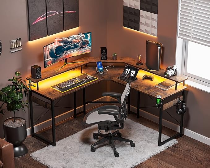 ODK L Shaped Gaming Desk with LED Lights & Power Outlets, 51" Computer Desk with Full Monitor Stand, Corner Desk with Cup Holder, Gaming Table with Hooks, Vintage - LeafyLoom
