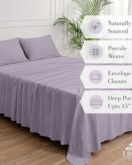 Linen Home Washed Cotton Percale King Sheet Set, Iris Lilac, Deep Pocket, 4 Pieces Bed Sheets - 1 Flat Sheet, 1 Fitted Sheet & 2 Envelope Closure Pillowcases, Cool and Comfortable Bed Linen - LeafyLoom