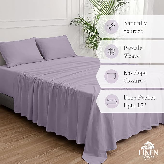 Linen Home Washed Cotton Percale King Sheet Set, Iris Lilac, Deep Pocket, 4 Pieces Bed Sheets - 1 Flat Sheet, 1 Fitted Sheet & 2 Envelope Closure Pillowcases, Cool and Comfortable Bed Linen - LeafyLoom