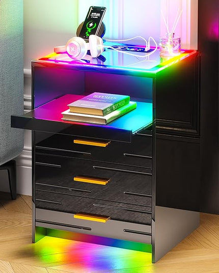 HNEBC High Gloss Nightstand with Wireless Charging Station, Smart Night Stand with RGB Dynamic Lighting, Modern Bed Side Table with Drawers Sliding Tray, Glass Tabletop,Motion Sensor Lights (C Black) - LeafyLoom