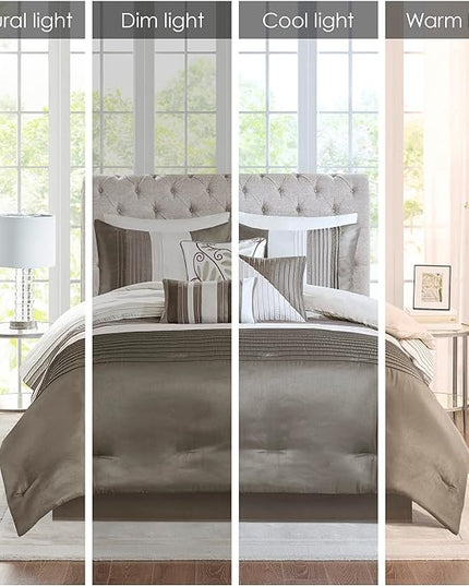 Madison Park Amherst Faux Silk Comforter Set-Casual Contemporary Design All Season Down Alternative Bedding, Matching Shams, Bedskirt, Decorative Pillows, Cal King(104"x92"), Natural, 7 Piece - LeafyLoom