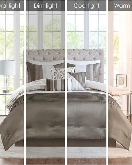 Madison Park Amherst Faux Silk Comforter Set-Casual Contemporary Design All Season Down Alternative Bedding, Matching Shams, Bedskirt, Decorative Pillows, King(104"x92"), Natural, 7 Piece (MP10-122) - LeafyLoom