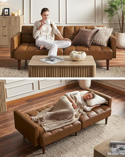 mopio Aaron Couch, Small Sofa, Futon, Sofa Bed, Sleeper Sofa, Loveseat, Mid Century Modern Futon Couch, Sofa Cama, Couches for Living Room, Bedroom (Pecan Brown, Faux Leather) - LeafyLoom