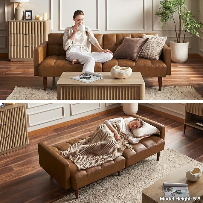 mopio Aaron Couch, Small Sofa, Futon, Sofa Bed, Sleeper Sofa, Loveseat, Mid Century Modern Futon Couch, Sofa Cama, Couches for Living Room, Bedroom (Pecan Brown, Faux Leather) - LeafyLoom