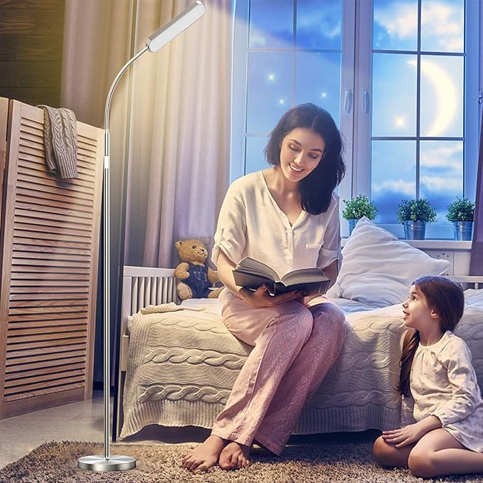 Floor Lamp, 15w/1000lm Bright LED Floor Lamp with Stepless Adjustable 3000K-6000K Colors and Dimmer, Remote and Touch Control Reading Lamp, Adjustable Gooseneck Floor Lamp for Living Room - LeafyLoom
