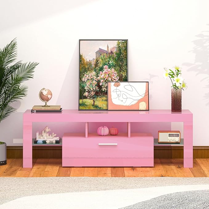 Clikuutory Pink LED TV Stand with Large Storage Drawer for 32 40 50 55 Inch TVs, Modern High gloss TV Console Table with Entertainment Center for Living Room, Bedroom, Pink - LeafyLoom
