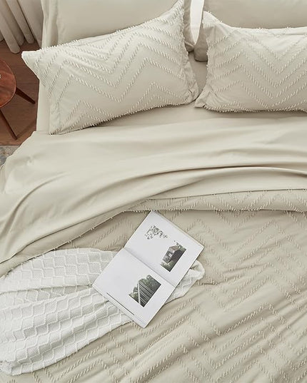 Anluoer Full Comforter Set, Oatmeal Tufted Bed in a Bag 7 Pieces with comforters and sheets, All Season Bedding Sets with 1 Comforter, 2 PillowShams, 2 Pillowcases, 1 Flat Sheet, 1 Fitted Sheet - LeafyLoom