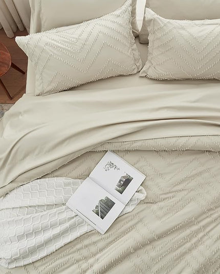 Anluoer Twin Comforter Set, Oatmeal Tufted Bed in a Bag 5 Pieces with comforters and sheets, All Season Bedding Sets with 1 Comforter, 1 PillowShams, 1 Pillowcases, 1 Flat Sheet, 1 Fitted Sheet - LeafyLoom