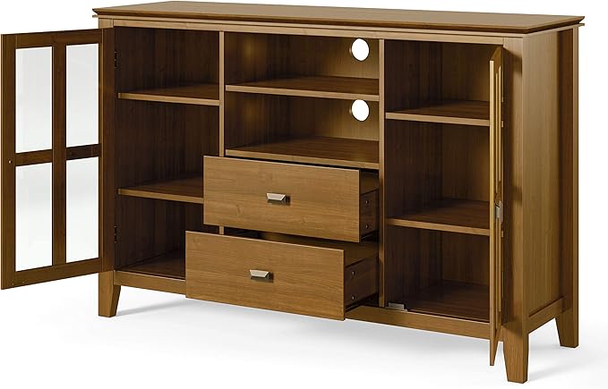 SIMPLIHOME Artisan SOLID WOOD Universal TV Media Stand, 53 inch Wide, Contemporary, Living Room Entertainment Center, Storage Shelves and Cabinets, for Flat Screen TVs up to 60 inches in Honey Brown - LeafyLoom