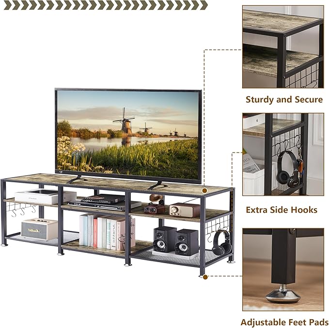 VECELO TV Stand for Televisions up to 75 Inch, Industrial Entertainment Center with 3-Tier Open Storage Shelves& Hooks for Living, Bedroom and Gaming Room, 70 Inch, Grey - LeafyLoom