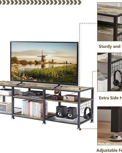 VECELO TV Stand for Televisions up to 70 Inch, Industrial Entertainment Center with 3-Tier Open Storage Shelves& Hooks for Living, Bedroom and Gaming Room, 63 Inch, Grey - LeafyLoom