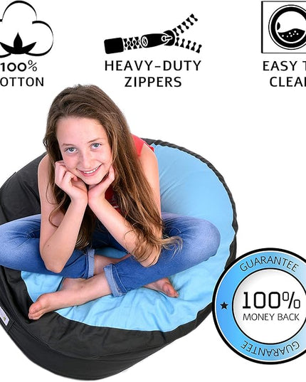 2 Sizes in 1 Stuffed Animal Storage Bean Bag Chair Cover for Kids & Adults | Washable XL Stuffie Seat | 100% Cotton | Pouf Organizer for Plush Toys, Linens, Quilts & Pillows | Blue Skies - LeafyLoom