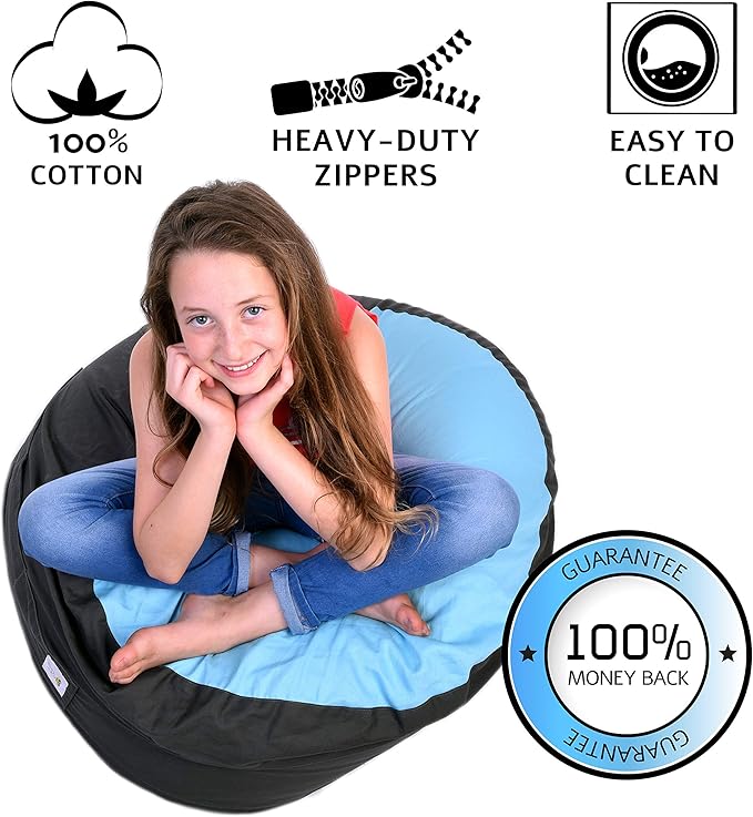 2 Sizes in 1 Stuffed Animal Storage Bean Bag Chair Cover for Kids & Adults | Washable XL Stuffie Seat | 100% Cotton | Pouf Organizer for Plush Toys, Linens, Quilts & Pillows | Blue Skies - LeafyLoom